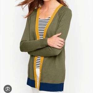 NWT Talbots Girlfriend Cardigan- Tipped M Sagebrush Olive Gold Color block